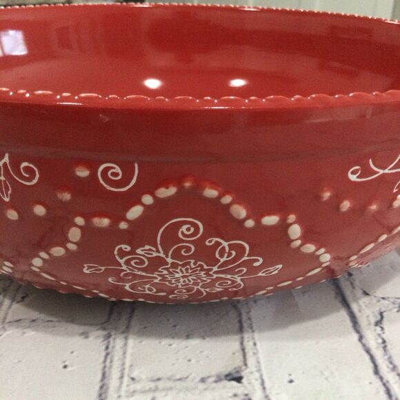 Temptations Ovenware Serving Bowl Swirls and Pearls 4.5 qt Red White by Tara - Picture 7 of 7